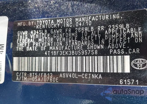2011 Toyota Camry Le from USA, damaged, VIN 4T1BF3EK3BU595758